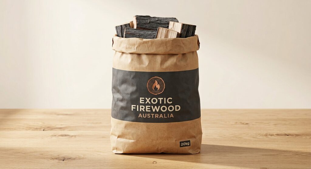 Exotic Firewood Australia branded 20kg sack of seasoned ironbark firewood with dark barked logs