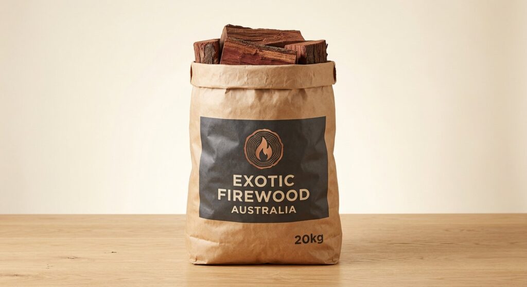 Exotic Firewood Australia branded 20kg kraft bag of jarrah firewood