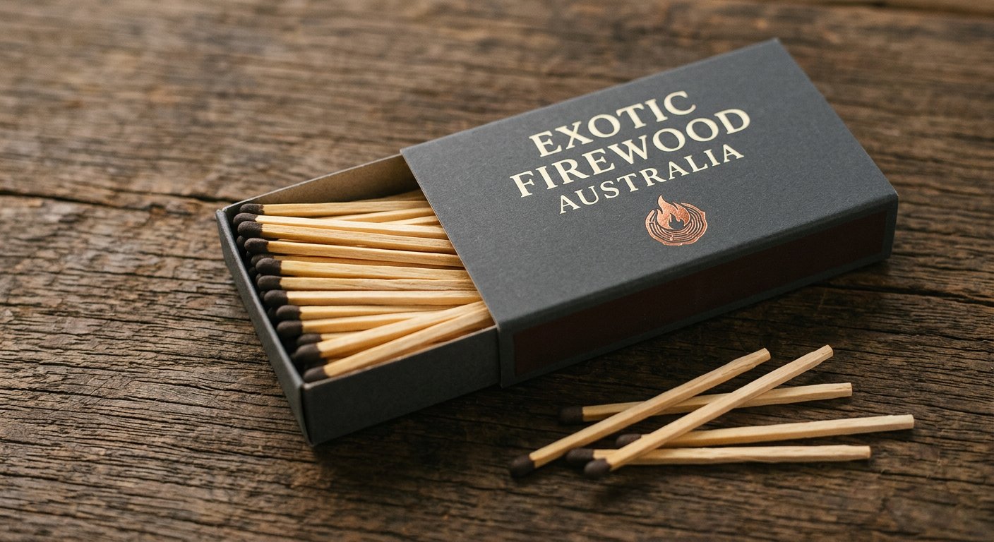 Exotic Firewood Australia branded slide box of 100 long 9cm BBQ matches