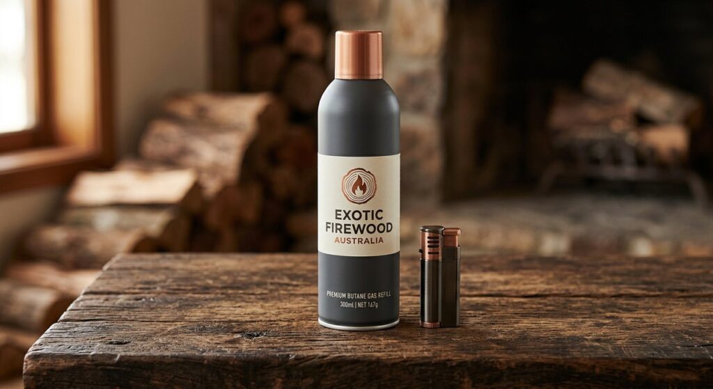 Exotic Firewood Australia branded 300ml butane gas refill canister