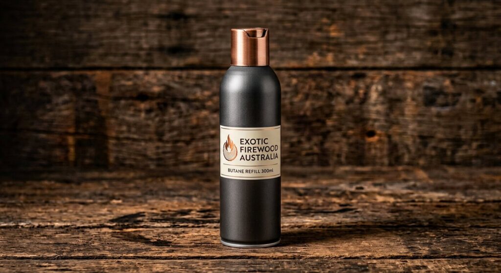 Exotic Firewood Australia branded 300ml butane lighter refill can with universal nozzle