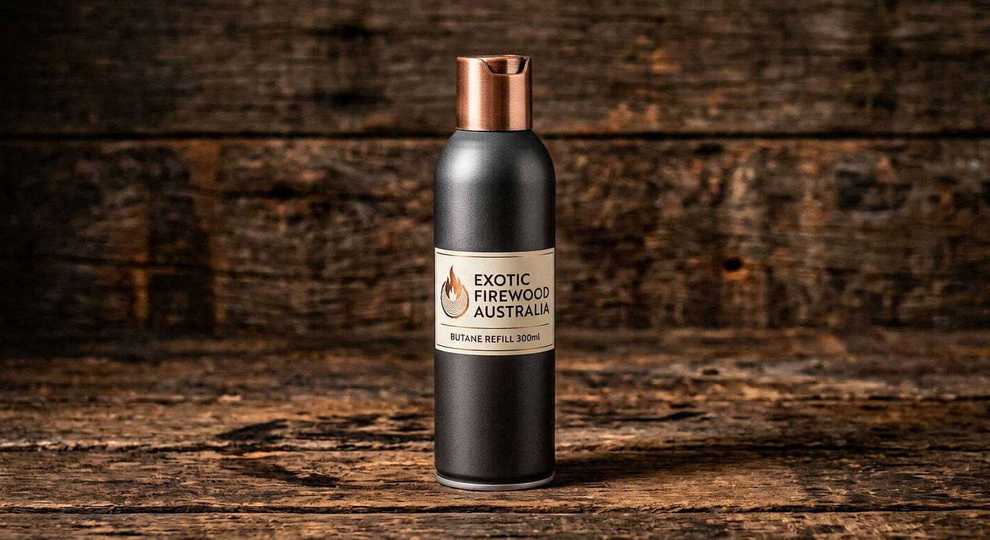 Exotic Firewood Australia branded 300ml butane lighter refill can with universal nozzle