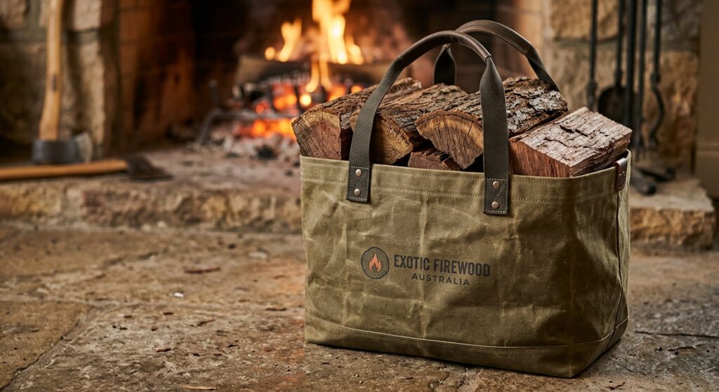Exotic Firewood Australia branded waxed canvas firewood tote bag filled with jarrah splits