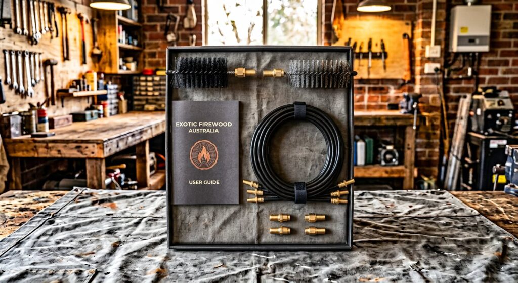 Exotic Firewood Australia branded chimney sweep kit box with brushes and rods laid out