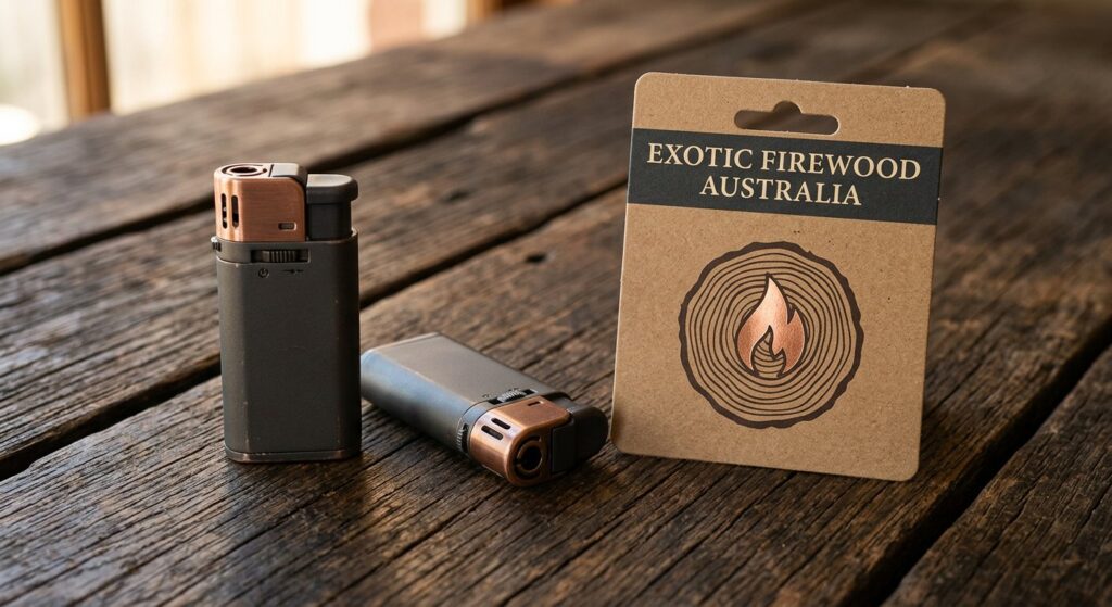 Exotic Firewood Australia click flame pocket gas lighter with branded card