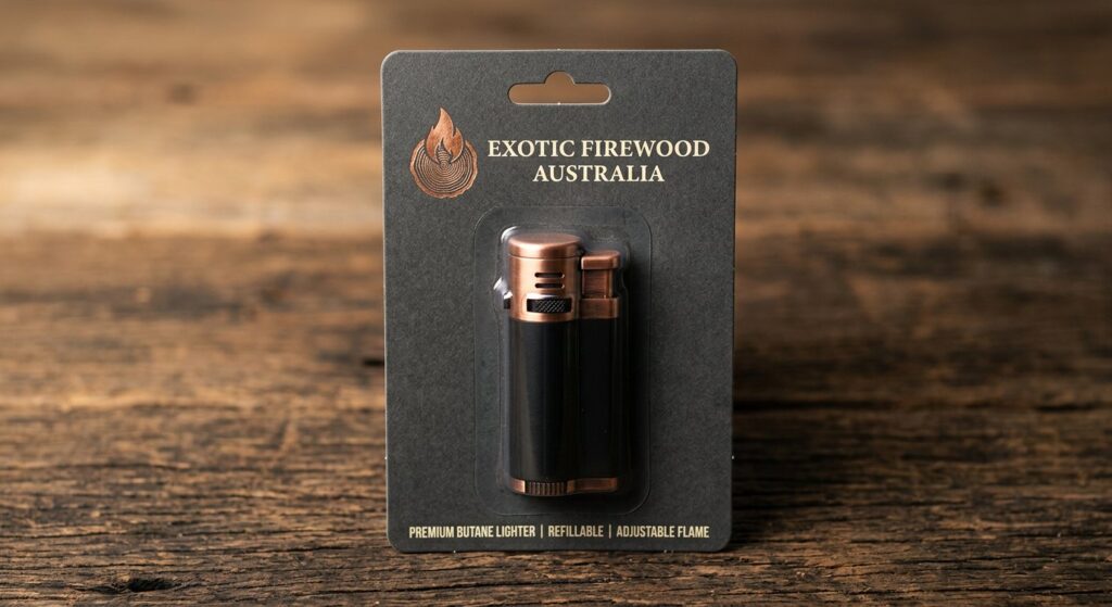 Exotic Firewood Australia Click Flame refillable butane gas lighter in branded card packaging