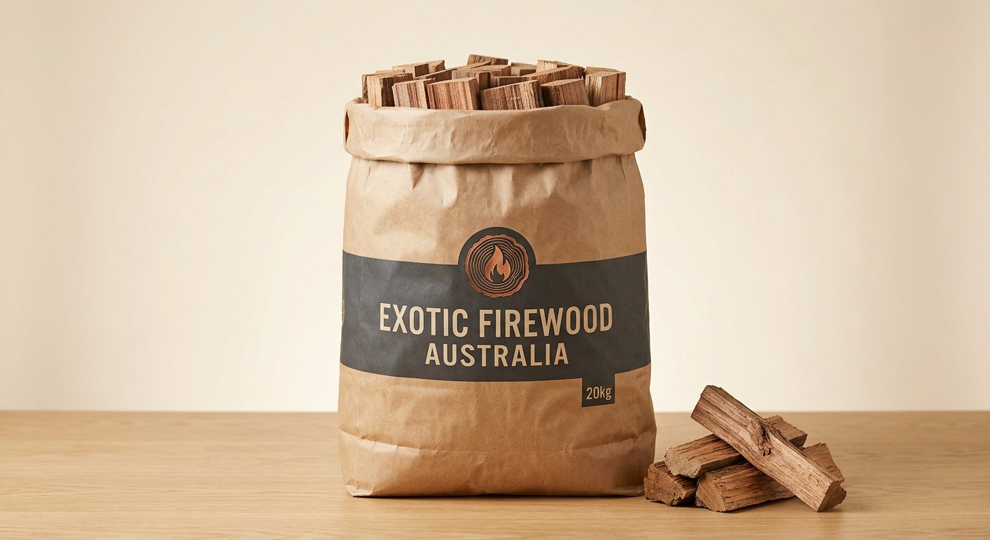 Exotic Firewood Australia branded 20kg sack of double split jarrah pizza-cut firewood pieces