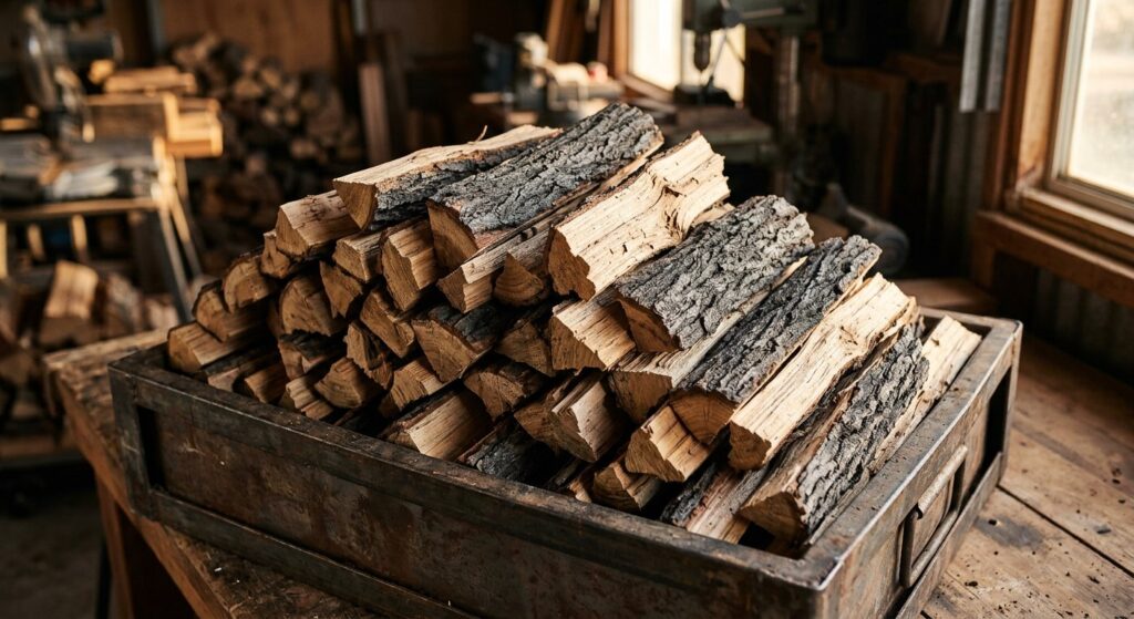 Crate of small double split ironbark pizza-cut firewood pieces