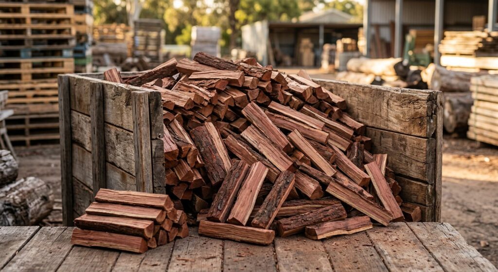 Pile of double split jarrah pizza-cut firewood pieces with red heartwood