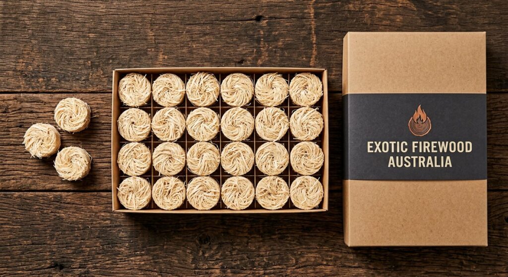 Exotic Firewood Australia branded box of 32 natural wood wool firelighters