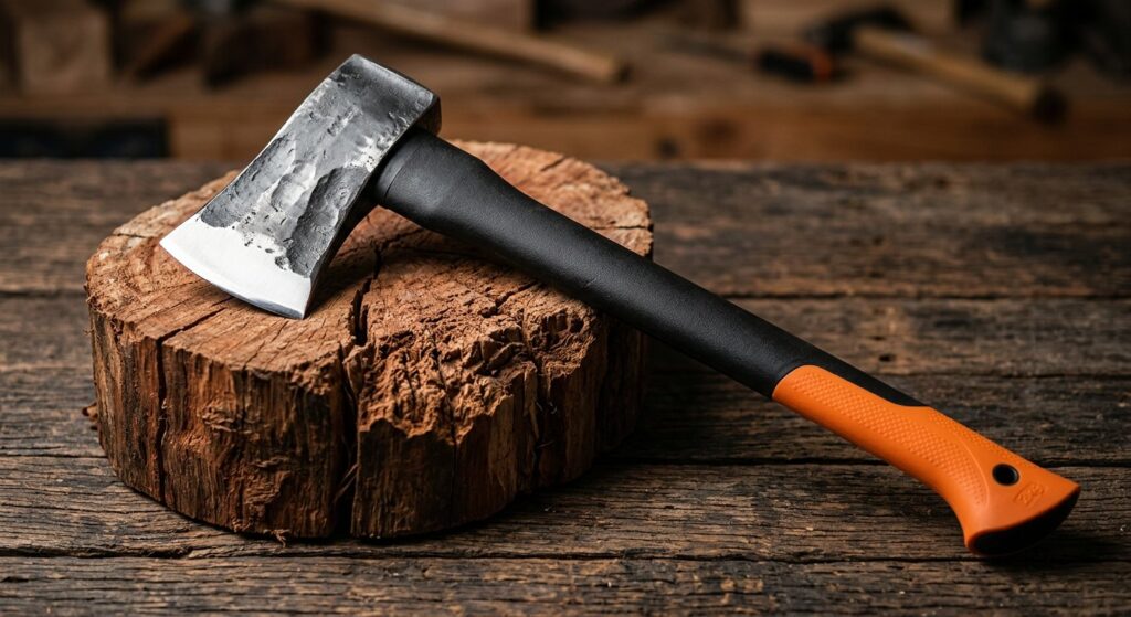 2kg splitting axe with fibreglass handle resting on a split jarrah log