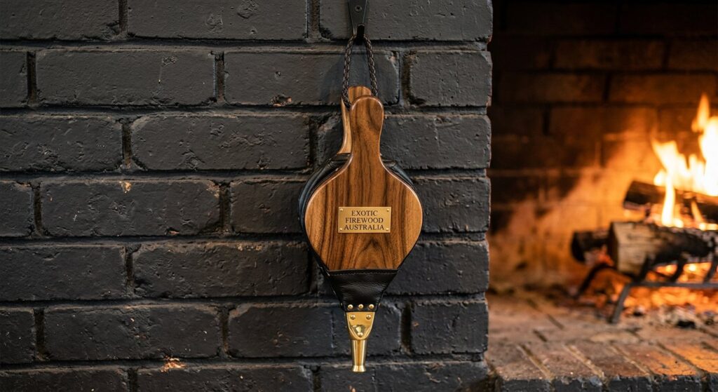 Exotic Firewood Australia branded hardwood and leather fire bellows 38cm on a hearth
