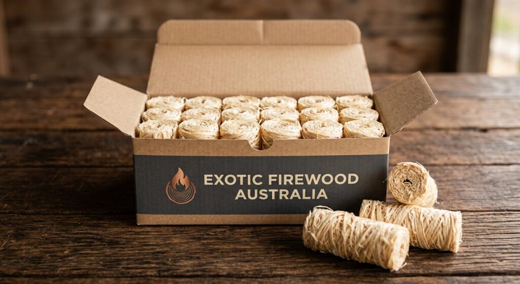 Branded box of twenty rolled wood-wool firelighters from Exotic Firewood Australia