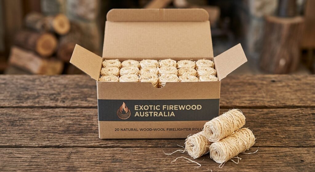 Exotic Firewood Australia branded box of 20 wood wool firelighter rolls