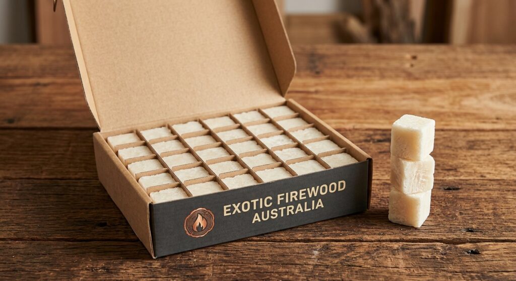 Branded box of 36 white wax firelighter cubes from Exotic Firewood Australia