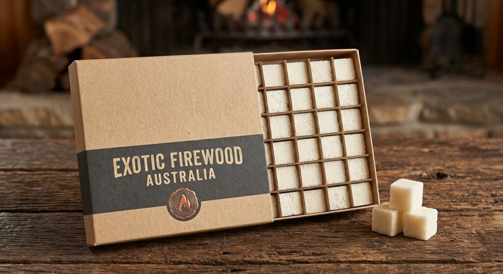 Exotic Firewood Australia branded box of 36 wax firelighter cubes