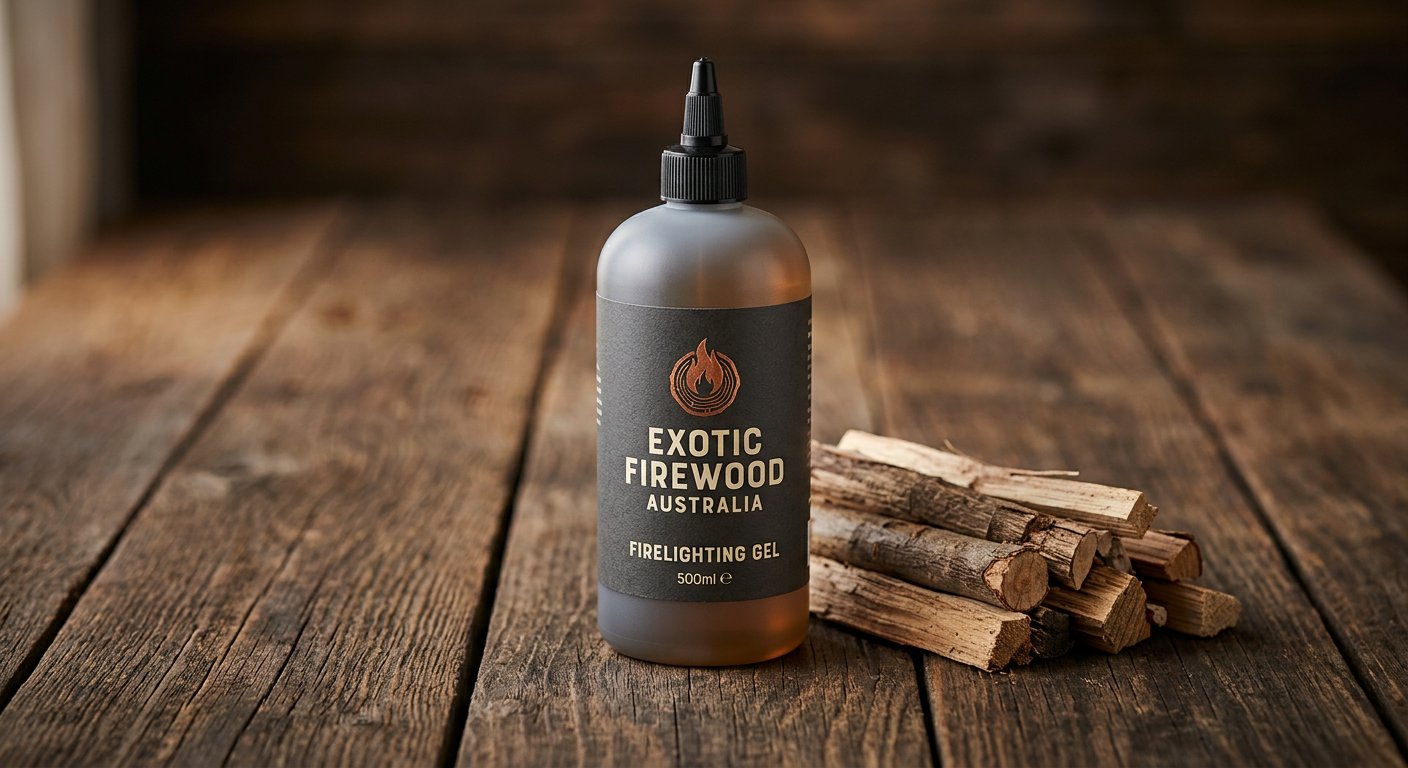 Exotic Firewood Australia branded 500ml firelighting gel squeeze bottle