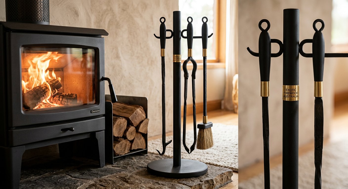 Exotic Firewood Australia black and brass three piece fireplace tool set on freestanding hearth stand