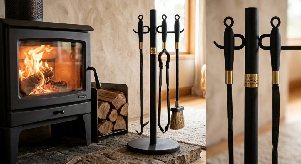 Exotic Firewood Australia black and brass three piece fireplace tool set on freestanding hearth stand