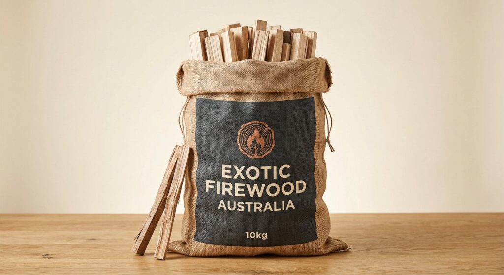 Exotic Firewood Australia branded 10kg hessian bag of dry firewood kindling
