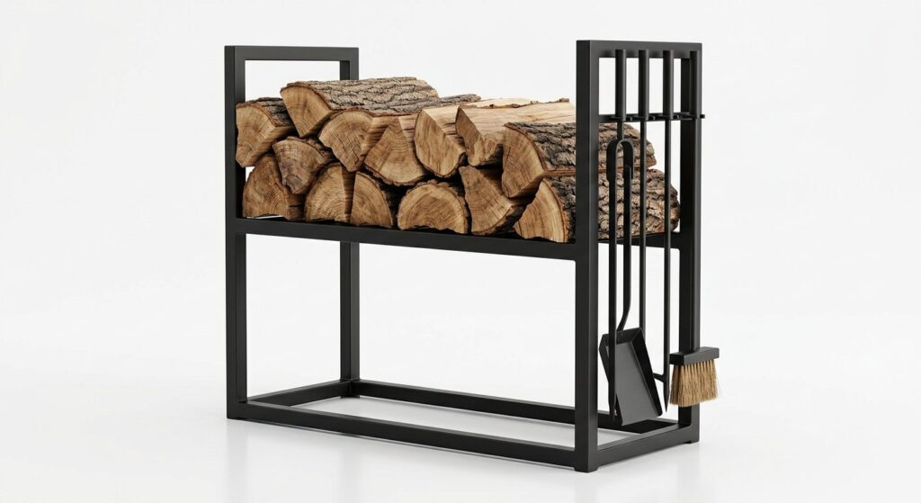 Firewood storage rack black 2 tier with tools - Exotic Firewood Australia
