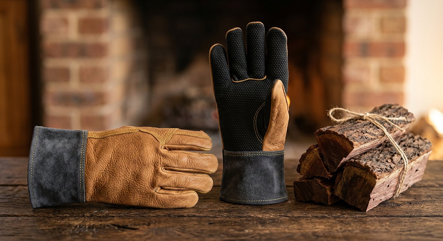 Pair of premium tan leather heat resistant fireplace gloves beside jarrah firewood