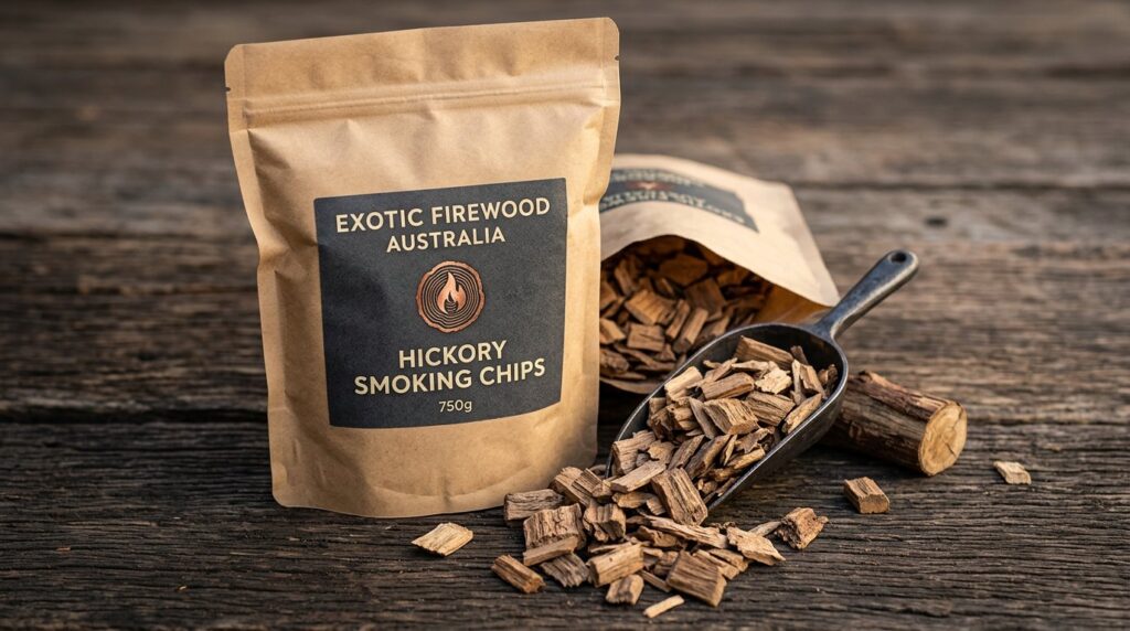 Exotic Firewood Australia branded resealable pouch of coarse hickory smoking chips