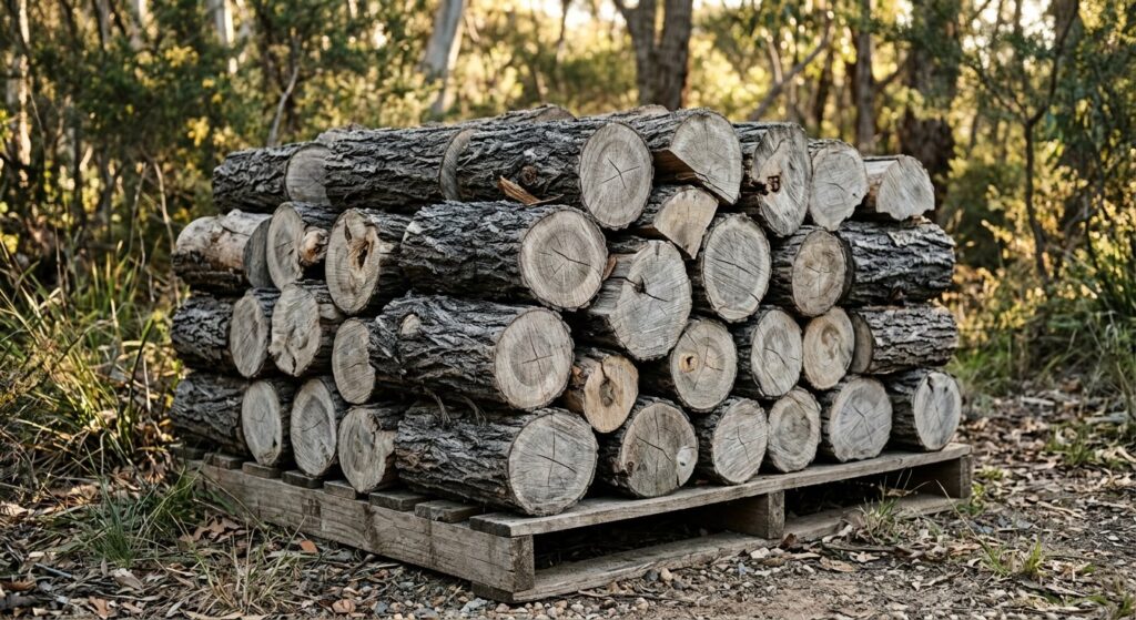Pallet stack of seasoned ironbark firewood with dark furrowed bark and pale dense split faces