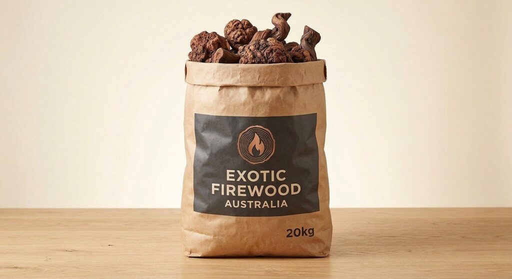 Mallee Root Firewood 20kg Bag – branded Exotic Firewood Australia 20kg sack