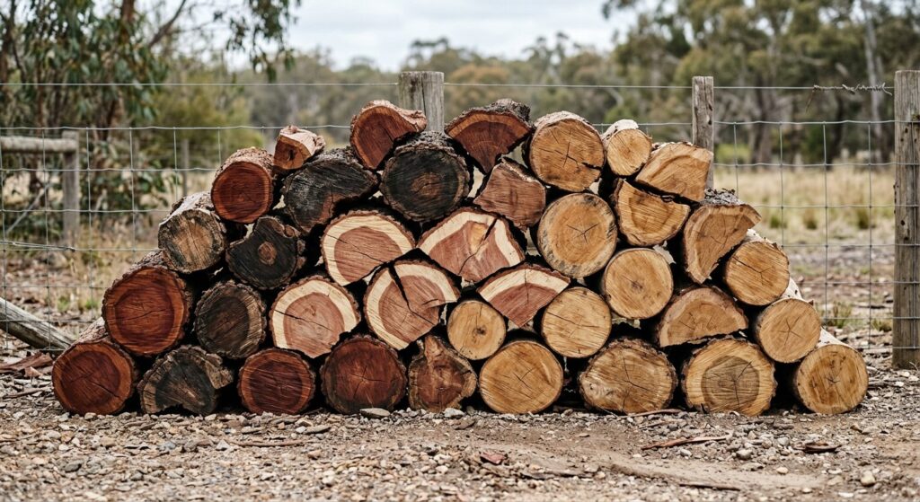Bulk stack of mixed seasoned Australian hardwood firewood in varied red, grey and tan colours