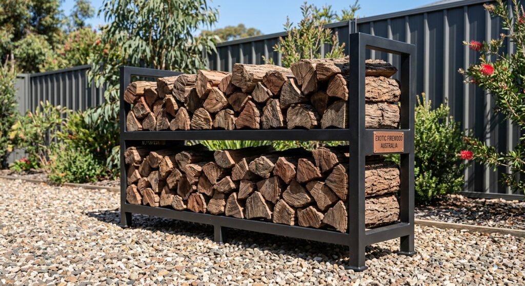 Black powder-coated outdoor two tier log rack stacked with seasoned firewood