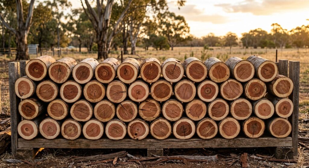 Stacked river red gum firewood logs showing red heartwood and cream sapwood rings