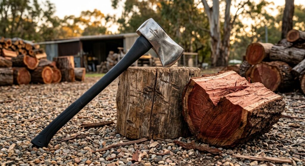 Exotic Firewood Australia branded 2kg fibreglass splitting axe leaning on a splitting block