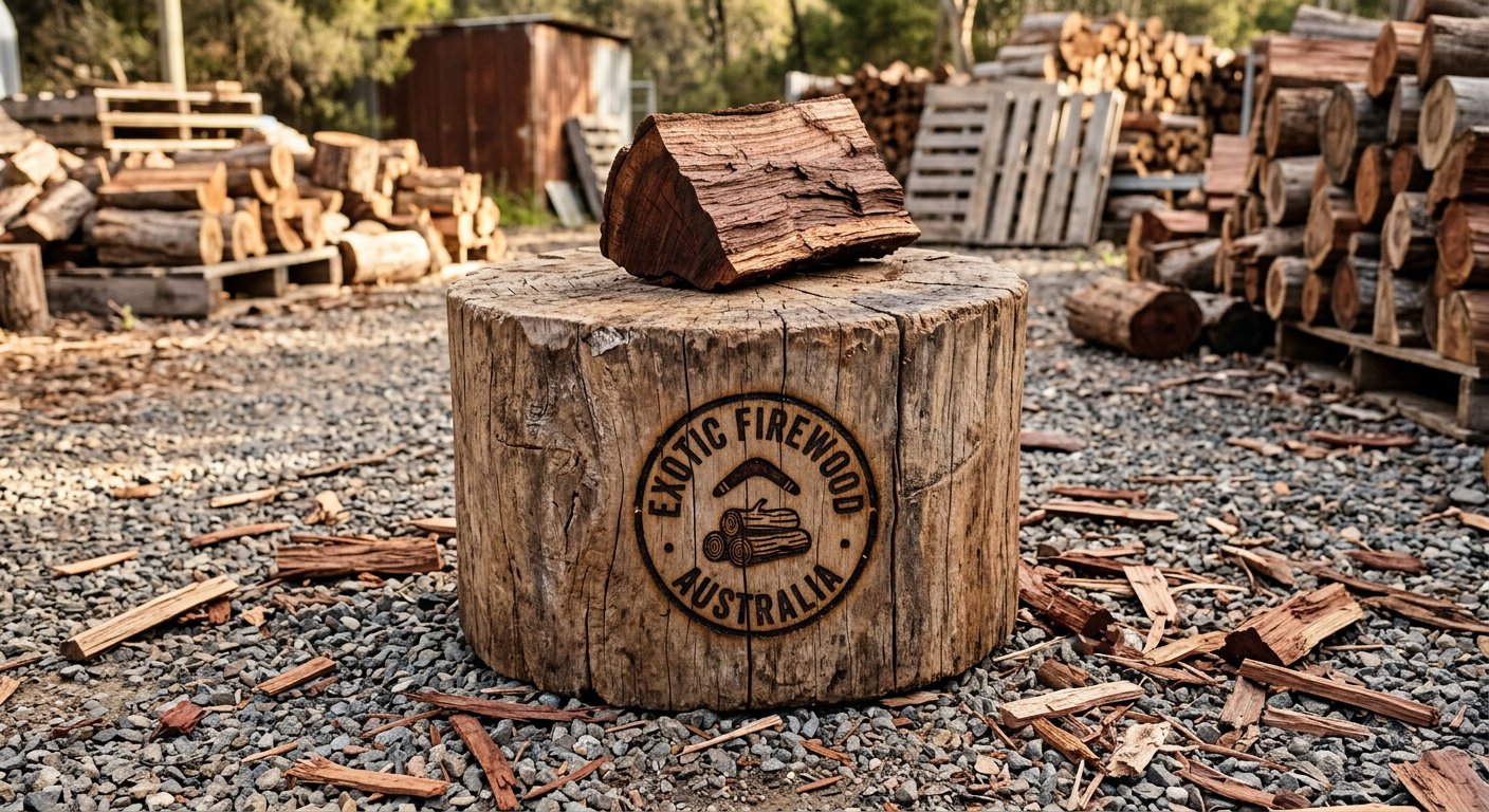 Round seasoned hardwood splitting block with burn-stamped Exotic Firewood Australia brand