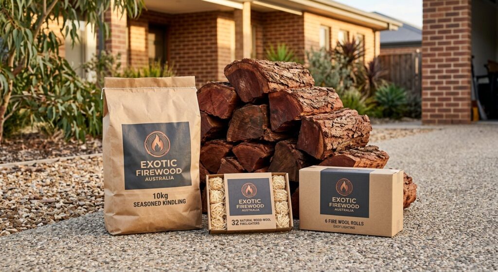 Exotic Firewood Australia Perth starter pack: half tonne jarrah load with branded kindling and firelighter packs
